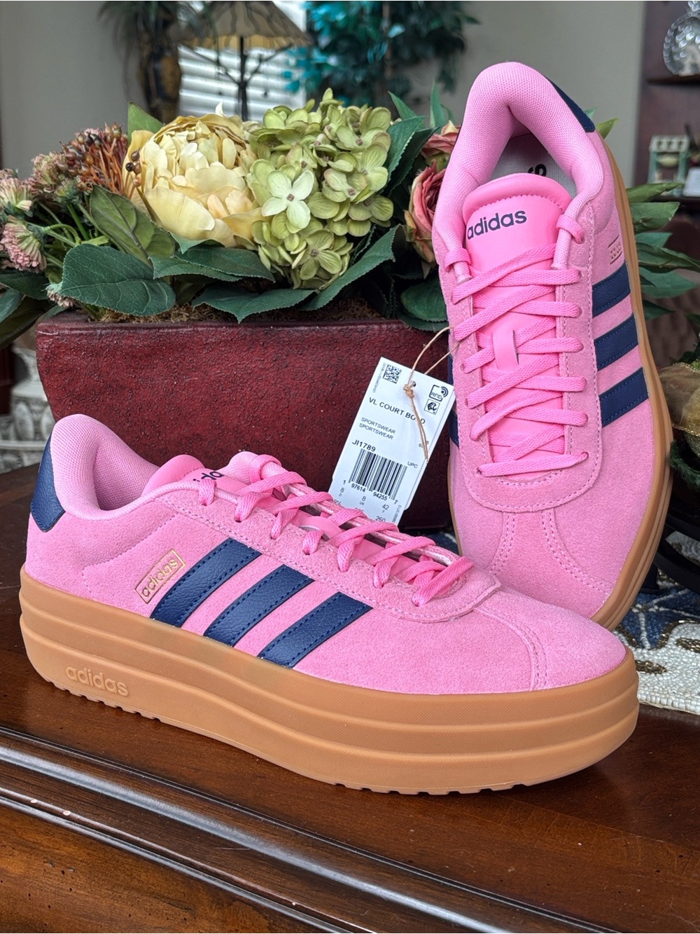 Brand New Adidas VL Court Bold Shoes Platform Leather Lace Up Pink Dark Blue